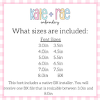 Heart Monogram Satin Stitch Applique Embroidery Design: Size chart showing font sizes 3 to 8 inches plus a native BX file resizable from 3 to 8 inches