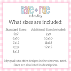 Curved Basketball Mama Satin Stitch Outline Embroidery Design: Size chart showing standard sizes 5x7, 6x10, 7x12, 8x8, and 8x13 plus additional sizes 9x9, 10x10, 11x13, and 12x12