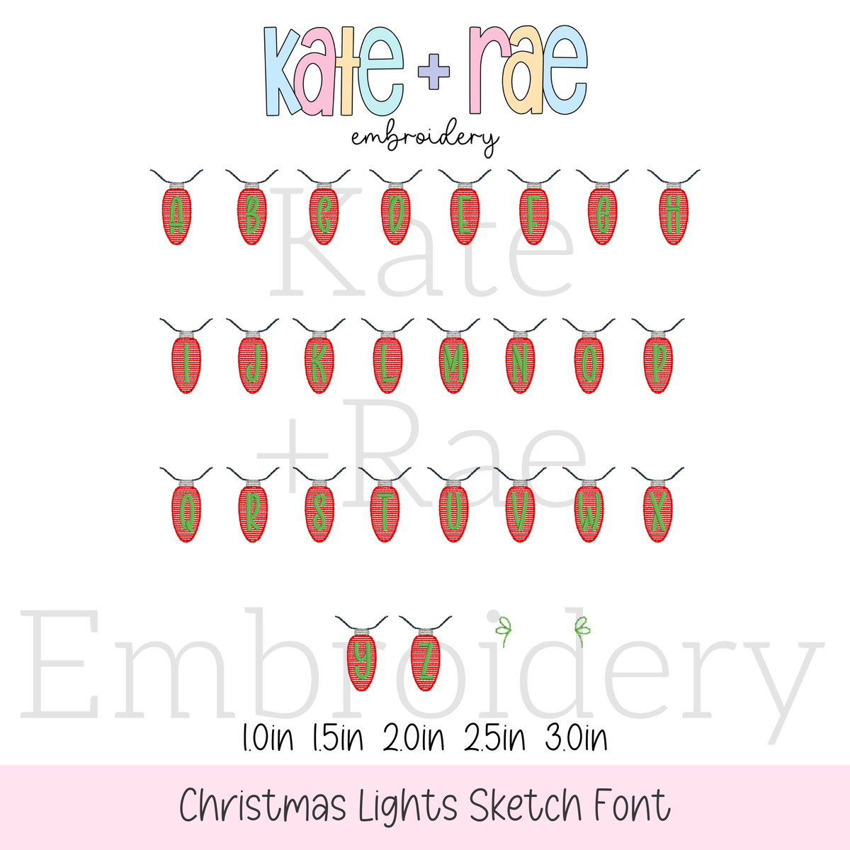 Christmas Lights Sketch Stitch Applique Embroidery Font: Alphabet A to Z in sketch stitch Christmas light bulbs with strand end pieces, available in 1 to 3 inch sizes