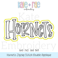 Hornets Zigzag Stitch Double Applique Embroidery Design: Design preview of the word Hornets in gray script with a yellow zigzag double outline, available in 6x10, 7x12, 8x8, and 9x9