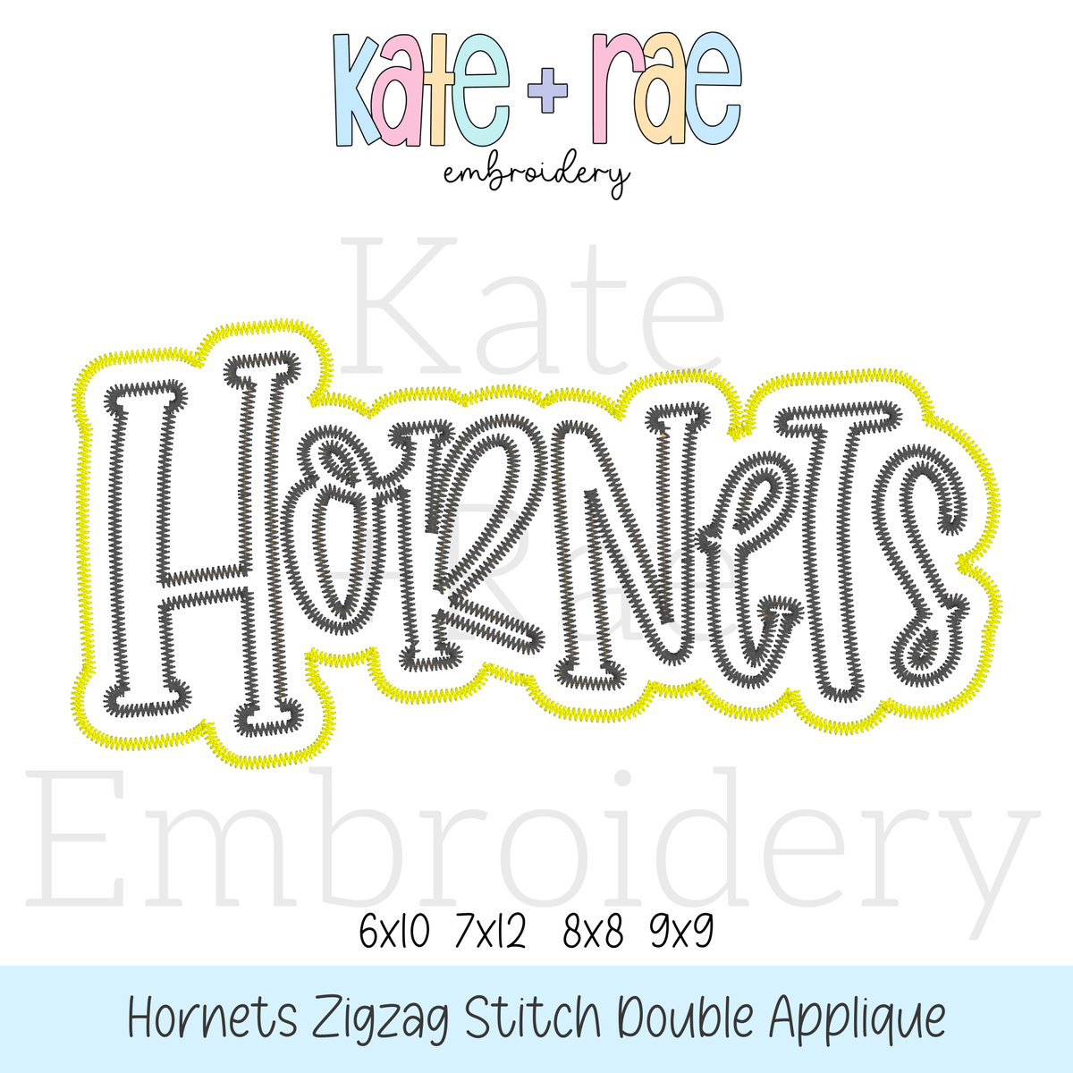 Hornets Zigzag Stitch Double Applique Embroidery Design: Design preview of the word Hornets in gray script with a yellow zigzag double outline, available in 6x10, 7x12, 8x8, and 9x9