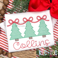 Girls Motif Fill Christmas Tree Trio with Connecting Bows Embroidery Design: Three green motif fill Christmas trees linked by red bows above the name Collins in red script on a white shirt
