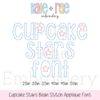 Cupcake Star Spangled Bean Stitch Applique Font: Font preview reading Cupcake Stars Font in blue outlined letters with red stars, available in 2.5 to 5 inch sizes