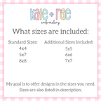 Heart Piggy Zigzag Stitch Applique Embroidery Design: Size chart showing standard sizes 4x4, 5x7, and 8x8 plus additional sizes 5x5, 6x6, and 7x7