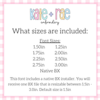 Peeps Sketch Stitch Embroidery Design: Size chart showing font sizes 1.25 to 3 inches plus a native BX file resizable from 1.5 to 3 inches, default 1.5 inches