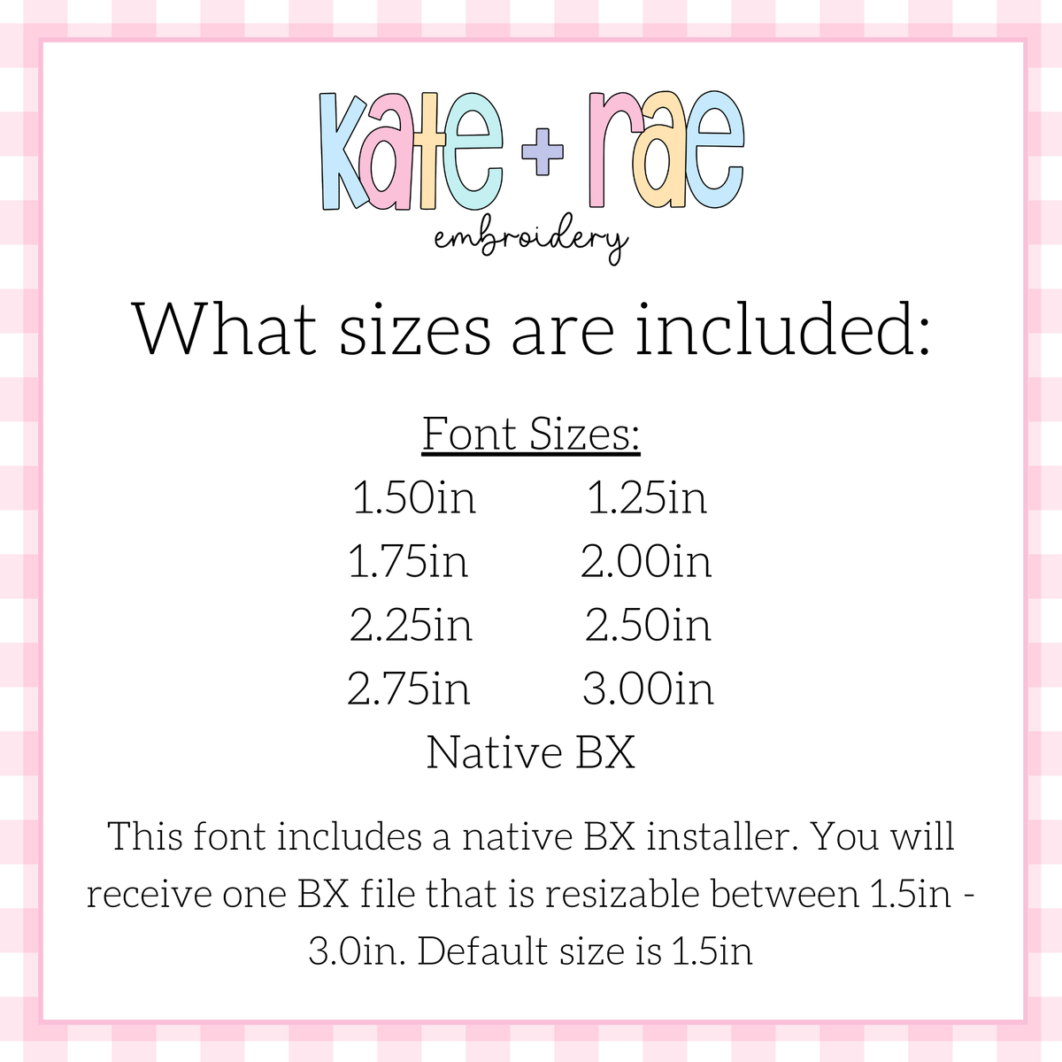 Peeps Sketch Stitch Embroidery Design: Size chart showing font sizes 1.25 to 3 inches plus a native BX file resizable from 1.5 to 3 inches, default 1.5 inches