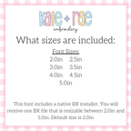 Daisy Handwritten Textured 3D Puff Satin Stitch Embroidery Font: Font size chart showing sizes 2.0in to 5.0in with a native BX file resizable from 2.0in to 5.0in