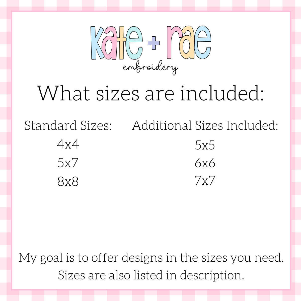 Disco Cowgirl Sketch Stitch Embroidery Design: Size chart showing standard sizes 4x4, 5x7, and 8x8 plus additional sizes 5x5, 6x6, and 7x7