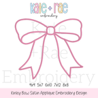 Kinley Bow Satin Stitch Applique Embroidery Design: Design preview of a pink satin stitch bow outline, available in 4x4, 5x7, 6x10, 7x12, and 8x8