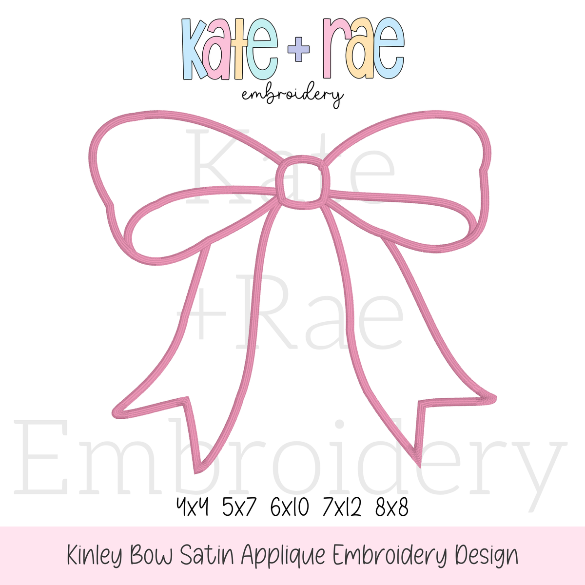 Kinley Bow Satin Stitch Applique Embroidery Design: Design preview of a pink satin stitch bow outline, available in 4x4, 5x7, 6x10, 7x12, and 8x8
