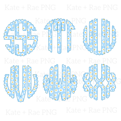 Blue Daisy Scalloped Circle Monogram