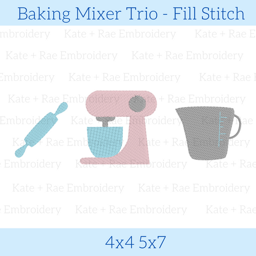 Baking Mixer Trio Fill Stitch Embroidery Design: Design preview of a fill stitch rolling pin, stand mixer, and measuring cup, available in 4x4 and 5x7