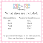 Curved Teacher with Bow Satin Stitch Applique Embroidery Design: Size chart showing standard sizes 5x7, 6x10, 7x12, and 8x8 plus additional sizes 8x13 to 12x12