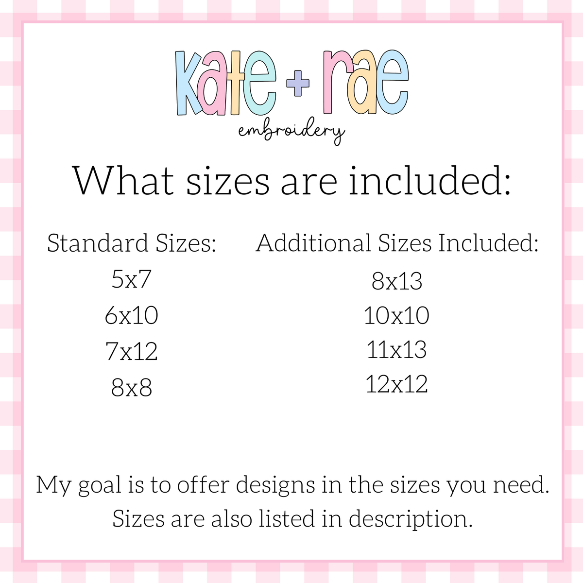 Curved Teacher with Bow Satin Stitch Applique Embroidery Design: Size chart showing standard sizes 5x7, 6x10, 7x12, and 8x8 plus additional sizes 8x13 to 12x12