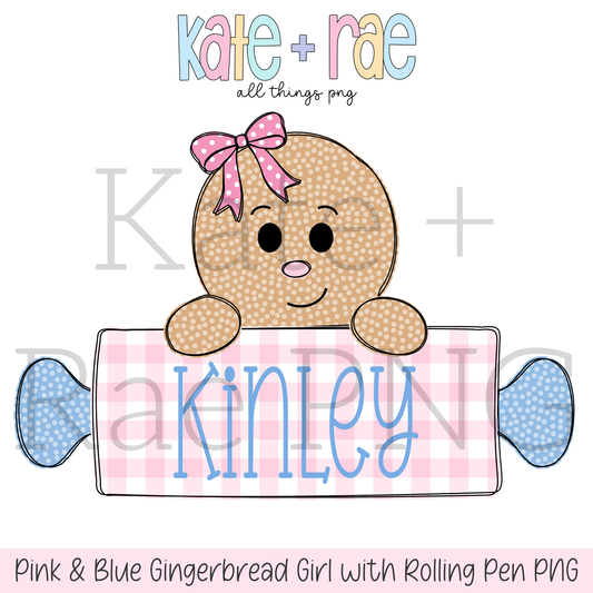 Girl's Pink and Blue Gingerbread Girl with Rolling Pen Name Plate PNG