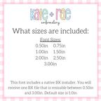 Delilah Bean Stitch Embroidery Font: Font size chart showing sizes 0.50in to 3.00in with a native BX file resizable from 0.50in to 3.00in