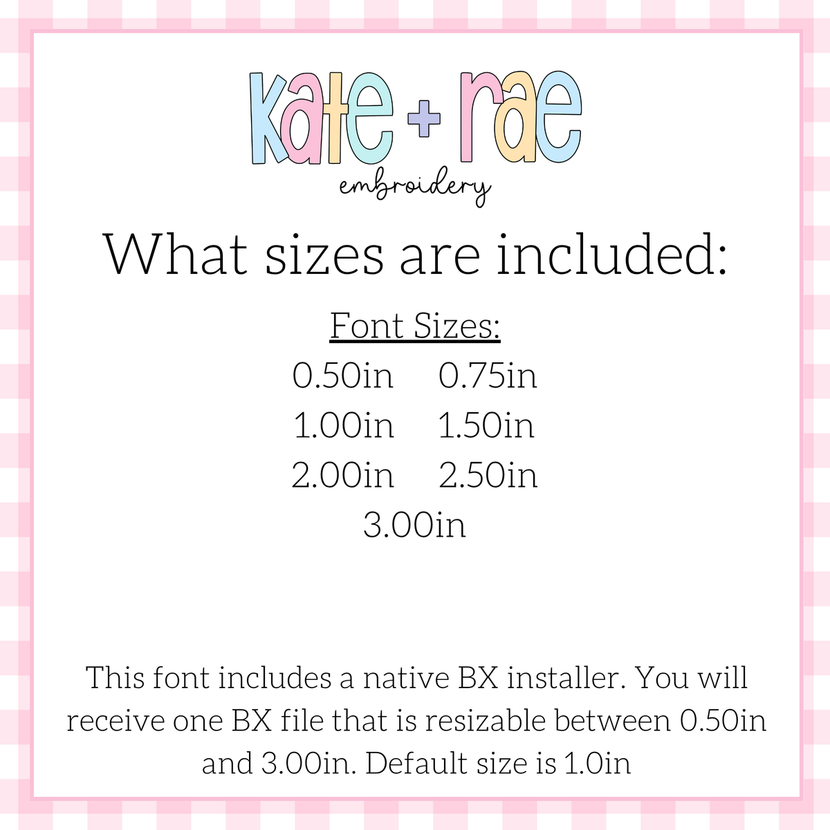 Delilah Bean Stitch Embroidery Font: Font size chart showing sizes 0.50in to 3.00in with a native BX file resizable from 0.50in to 3.00in