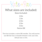 Jellybean Fill Stitch with Bean Border Machine Embroidery Font: Font size chart showing sizes 1.0in to 3.0in with a native BX file resizable from 1.0in to 3.0in