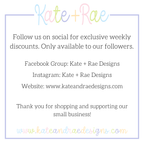 Tiny Bow Satin Stitch Add On Embroidery Design: Graphic inviting shoppers to follow Kate + Rae Designs on Facebook and Instagram for weekly discounts