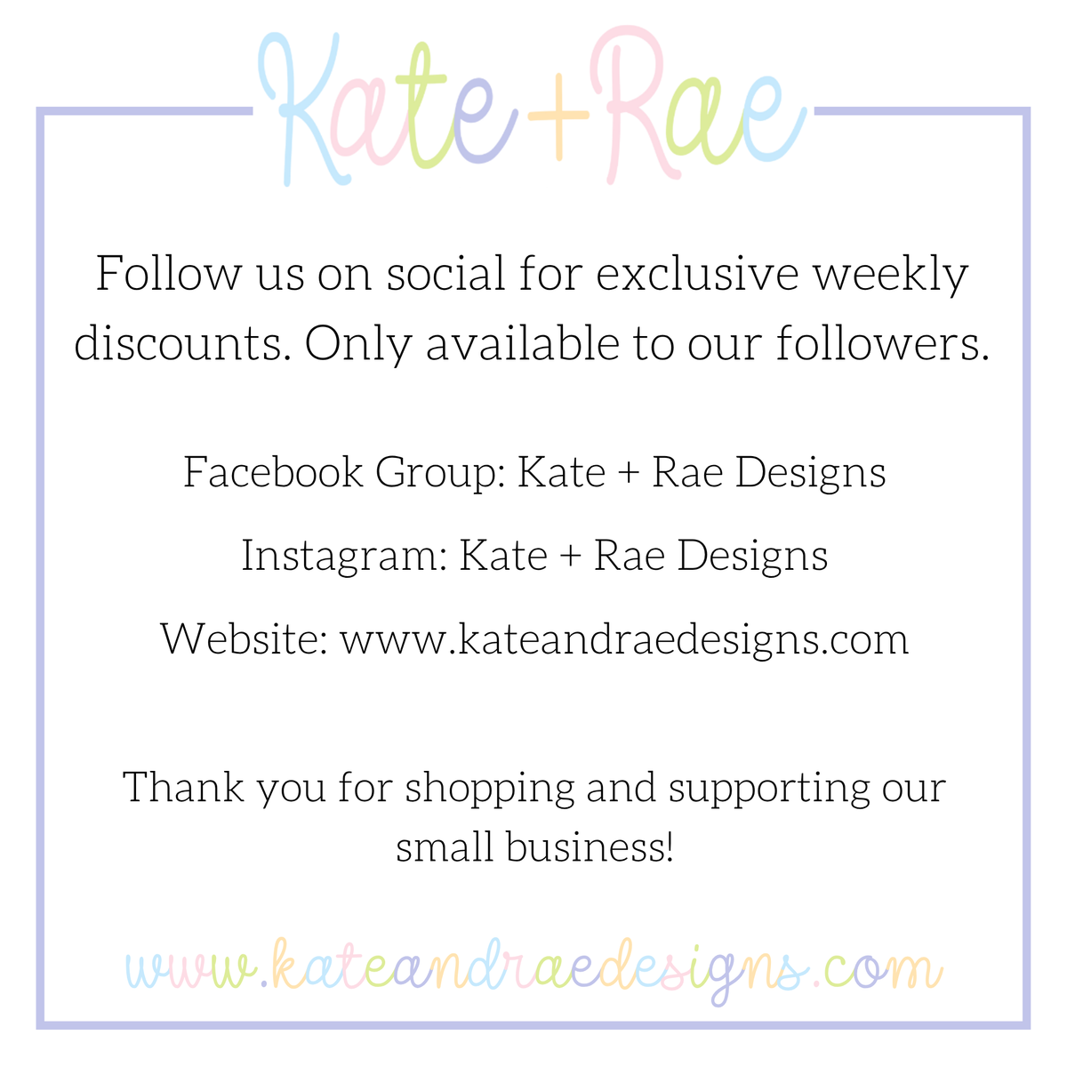 Tiny Bow Satin Stitch Add On Embroidery Design: Graphic inviting shoppers to follow Kate + Rae Designs on Facebook and Instagram for weekly discounts