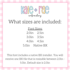 Cupcake Bean Stitch Applique Embroidery Font: Size chart showing font sizes 2 to 5 inches plus a native BX file resizable from 2 to 5 inches, default 2 inches