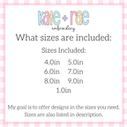 Longtail Bow Zigzag Stitch Applique Embroidery Design: Size chart showing sizes 1.0in, 4.0in, 5.0in, 6.0in, 7.0in, 8.0in, and 9.0in
