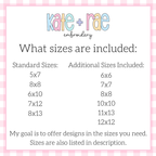 Curved USA with Bow Satin Stitch Applique Embroidery Design: Size chart showing standard sizes 5x7, 8x8, 6x10, 7x12, and 8x13 plus additional sizes 6x6, 7x7, 8x8, 10x10, 11x13, and 12x12