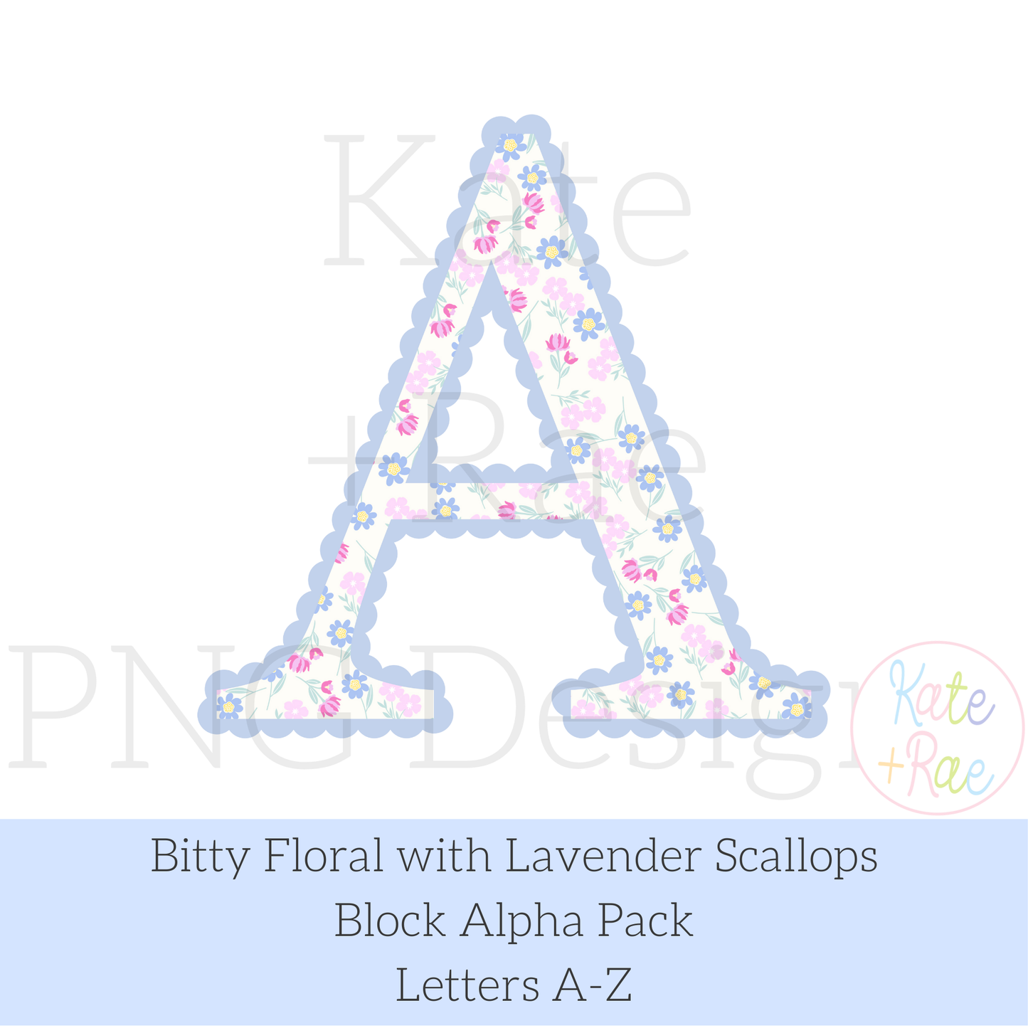 Bitty Floral with Scallop Lavender Border Block Letter Alpha Pack PNG
