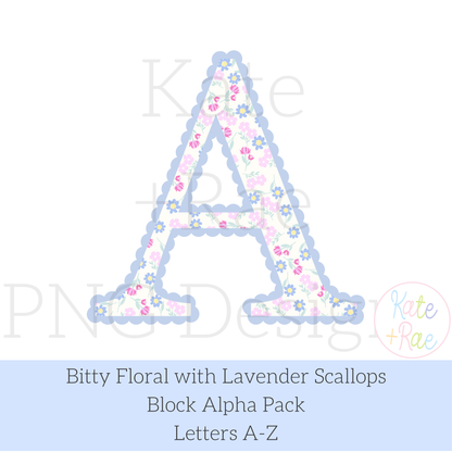 Bitty Floral with Scallop Lavender Border Block Letter Alpha Pack PNG