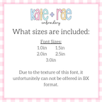 Gracie Faux French Knot Motif Fill Stitch Embroidery Font: Font size chart showing sizes 1.0in, 1.5in, 2.0in, 2.5in, and 3.0in, not offered in BX format due to the texture