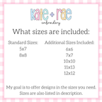 Baseball/Softball Zigzag Stitch Applique Embroidery Design: Size chart showing standard sizes 5x7 and 8x8 plus additional sizes 6x6 to 12x12