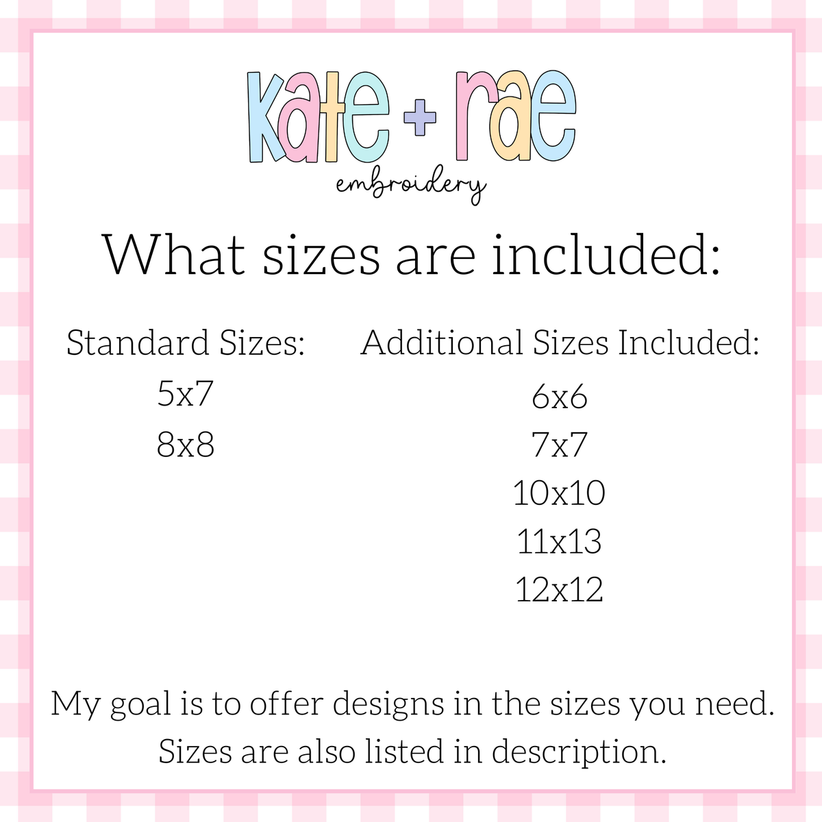 Baseball/Softball Zigzag Stitch Applique Embroidery Design: Size chart showing standard sizes 5x7 and 8x8 plus additional sizes 6x6 to 12x12