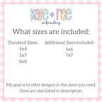 Skiing Satin Stitch Applique Embroidery Design: Size chart showing standard sizes 4x4, 5x7, and 8x8 plus additional sizes 6x6 and 7x7