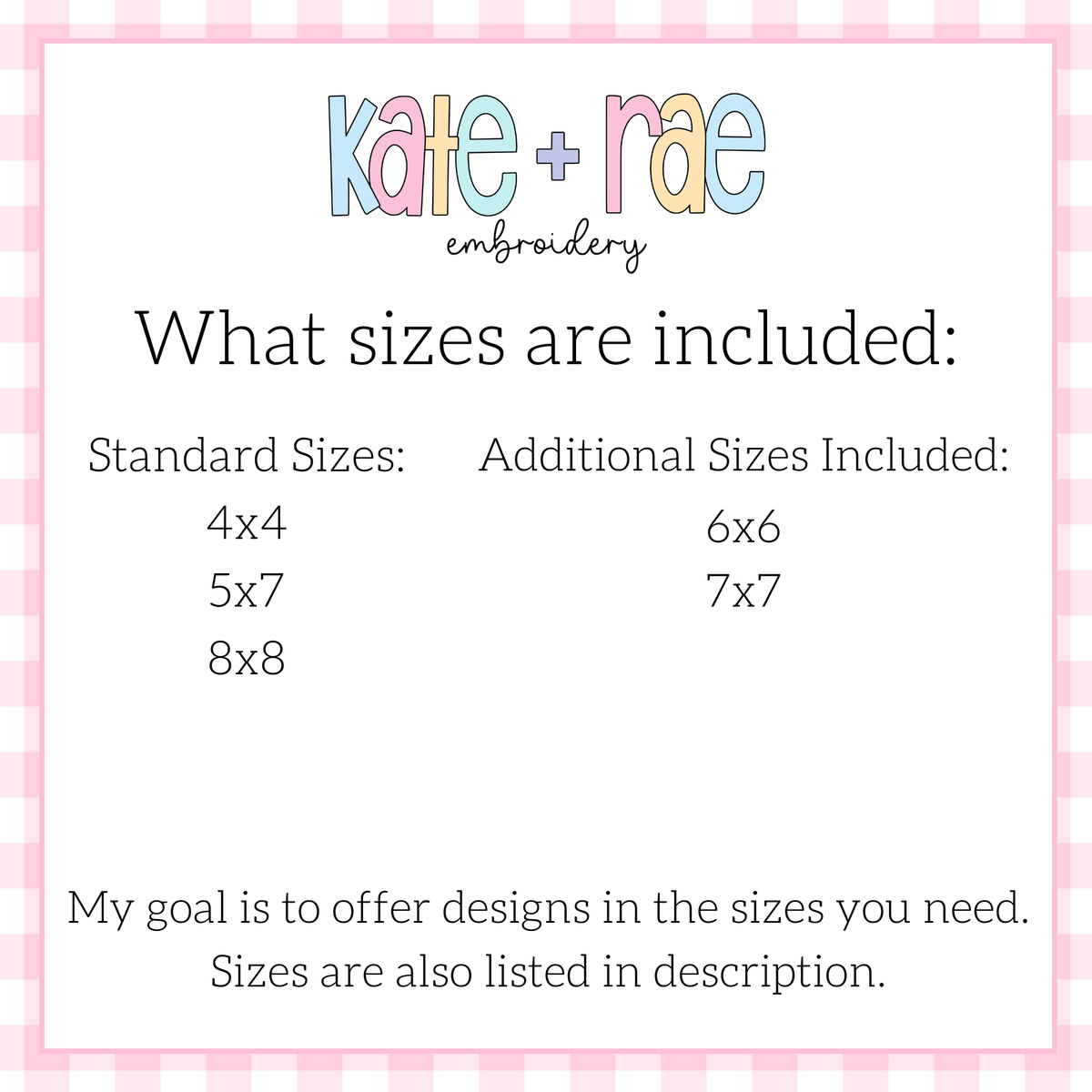 Skiing Satin Stitch Applique Embroidery Design: Size chart showing standard sizes 4x4, 5x7, and 8x8 plus additional sizes 6x6 and 7x7
