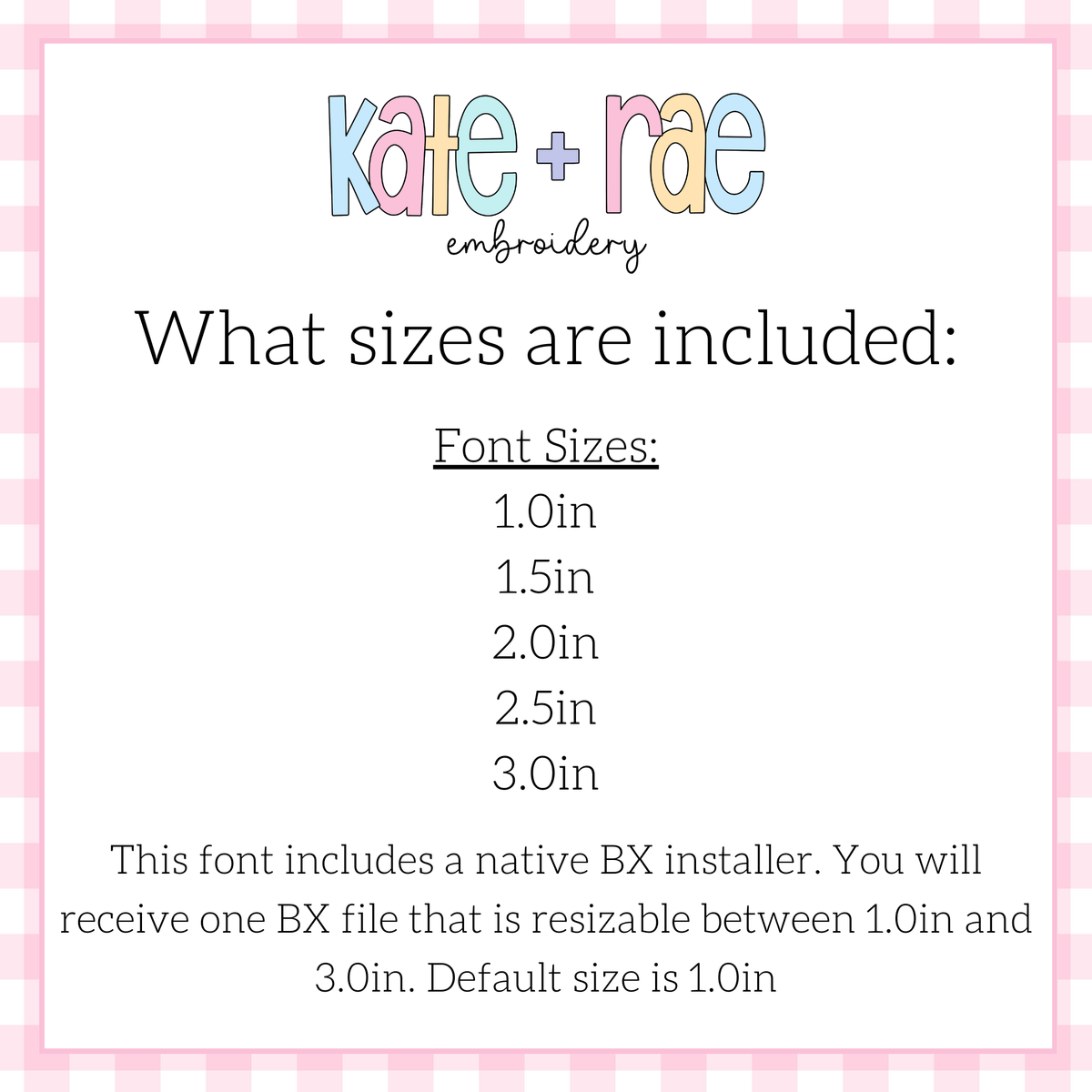 Happy Days Outline Satin Stitch Embroidery Font: Font size chart showing sizes 1.0in, 1.5in, 2.0in, 2.5in, and 3.0in with a native BX file