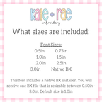 Charlie Bean Stitch Embroidery Font: Size chart showing font sizes 0.5 to 3 inches plus a native BX file resizable from 0.5 to 3 inches, default 1 inch