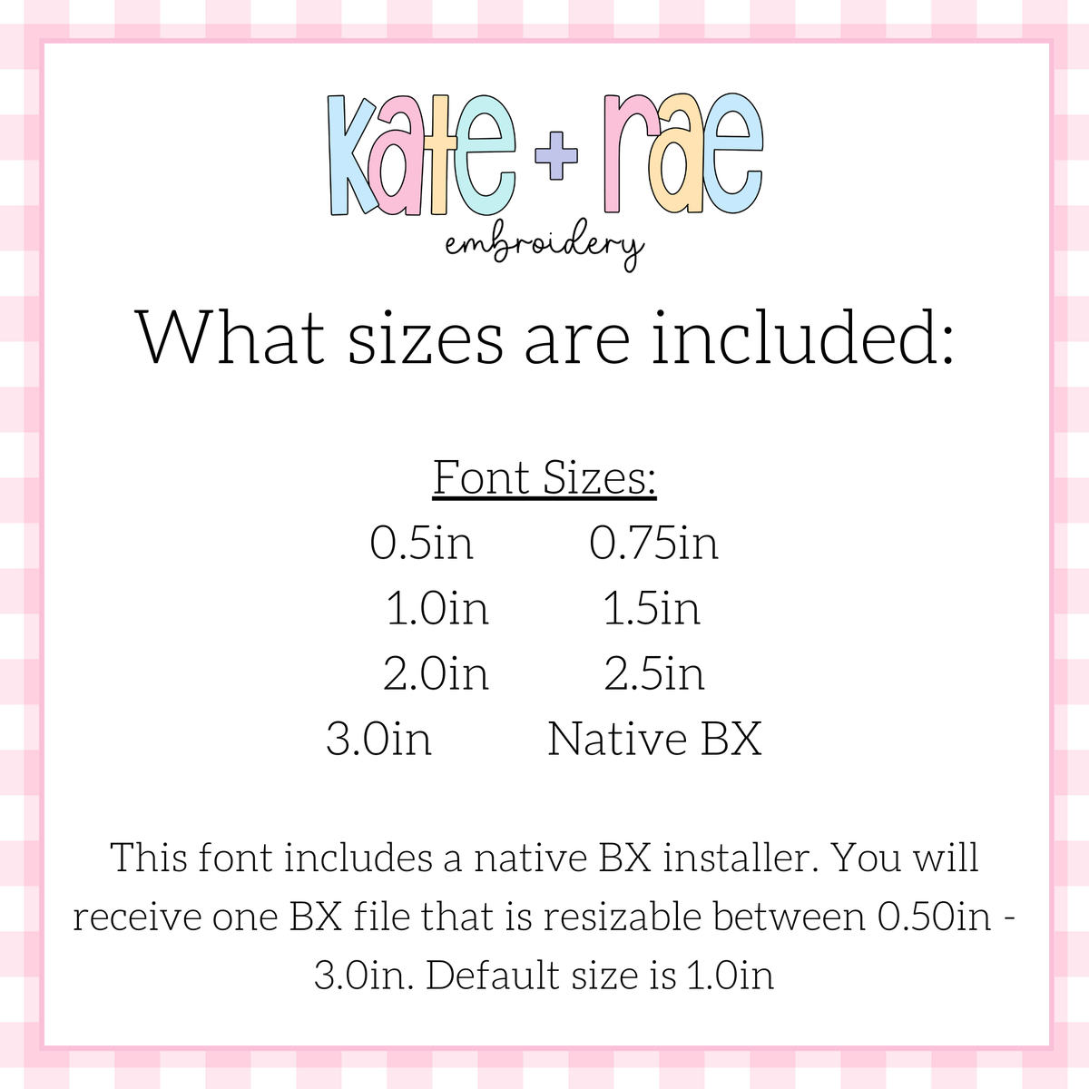 Charlie Bean Stitch Embroidery Font: Size chart showing font sizes 0.5 to 3 inches plus a native BX file resizable from 0.5 to 3 inches, default 1 inch
