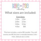 Summer Nights Satin Stitch Embroidery Font: Size chart showing font sizes 1 to 4 inches plus a native BX file resizable from 1 to 4 inches, default 2 inches
