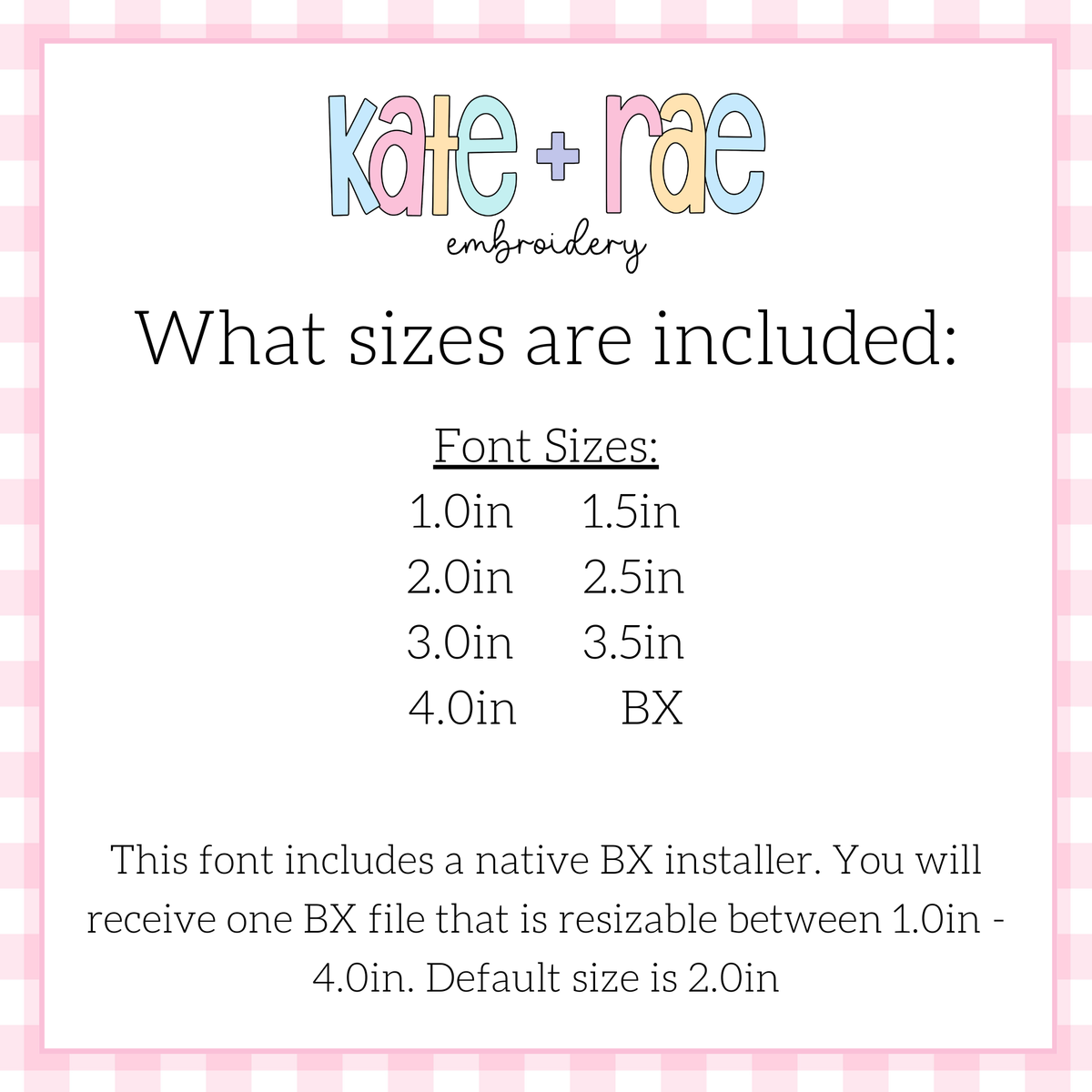 Summer Nights Satin Stitch Embroidery Font: Size chart showing font sizes 1 to 4 inches plus a native BX file resizable from 1 to 4 inches, default 2 inches