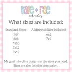 Curved Spooky with Bow Zigzag Stitch Applique Embroidery Design: Size chart showing standard sizes 5x7, 8x8, 6x10, 7x12, and 8x13 plus additional sizes 6x6 and 7x7