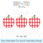 Boy's Plaid Filled Apple Trio Embroidery Design: Design preview of three red plaid apples in a row, available in 5x7, 6x10, and 8x8