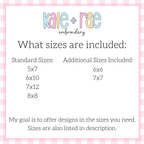 Heart Tractor Trio Fill Stitch Embroidery Design: Size chart showing standard sizes 5x7 to 8x8 plus additional sizes 6x6 and 7x7