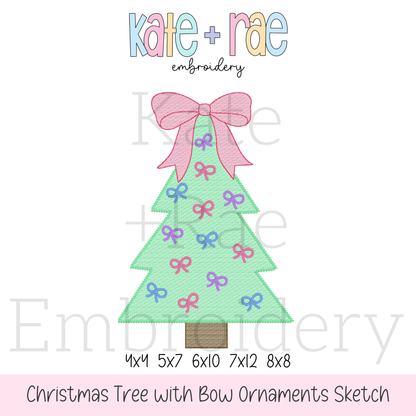 Christmas Tree with Bow Ornaments Sketch Stitch Embroidery Design