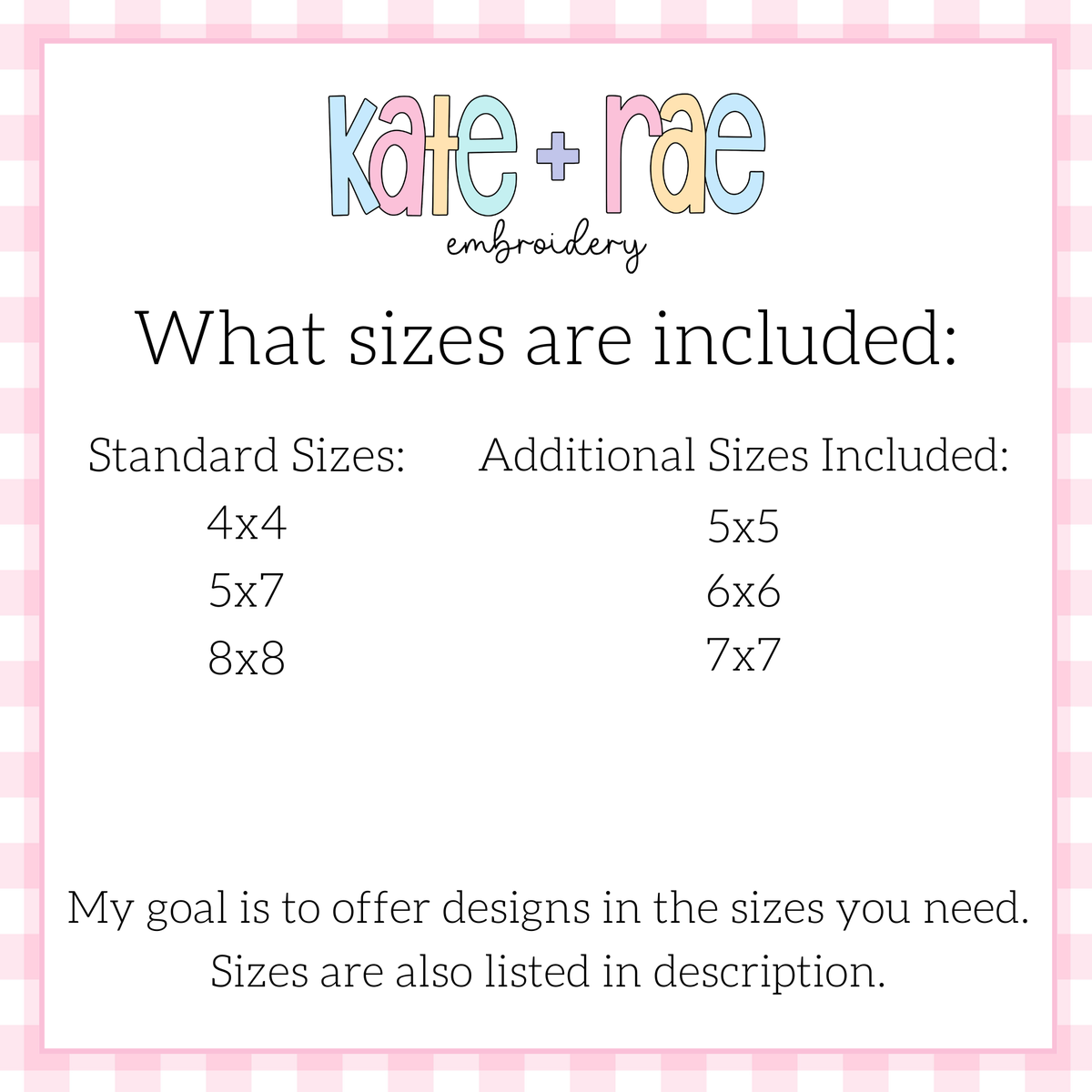 Heart Piggy Bean Stitch Applique Embroidery Design: Size chart showing standard sizes 4x4, 5x7, and 8x8 plus additional sizes 5x5, 6x6, and 7x7