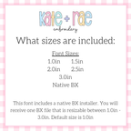 Charlie Thick Bean Stitch Embroidery Font: Font size chart showing sizes 1.0in, 1.5in, 2.0in, 2.5in, and 3.0in with a resizable native BX file