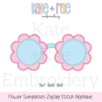 Flower Sunglasses Zigzag Stitch Applique Embroidery Design: Design preview of flower shaped sunglasses with pink gingham frames and blue lenses, available in 5x7, 6x10, and 8x8