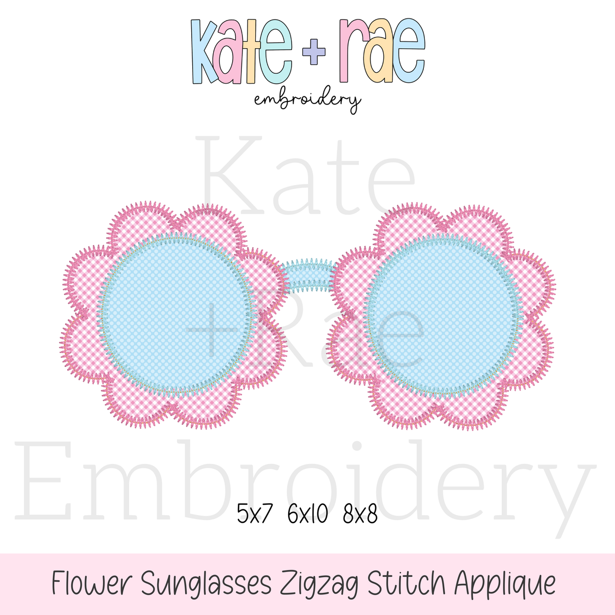 Flower Sunglasses Zigzag Stitch Applique Embroidery Design: Design preview of flower shaped sunglasses with pink gingham frames and blue lenses, available in 5x7, 6x10, and 8x8