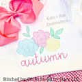 Kinley Floral Sketch Stitch Embroidery Design: Pastel sketch stitch flowers above the name autumn in pink script on a white shirt with a pink bow