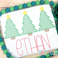 Boys Cross Stitch Christmas Tree Trio Sketch Stitch Embroidery Design: Three green cross stitch Christmas trees with yellow stars above the name ETHAN in red on a white shirt