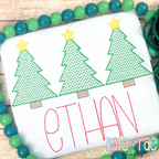 Boys Cross Stitch Christmas Tree Trio Sketch Stitch Embroidery Design: Three green cross stitch Christmas trees with yellow stars above the name ETHAN in red on a white shirt